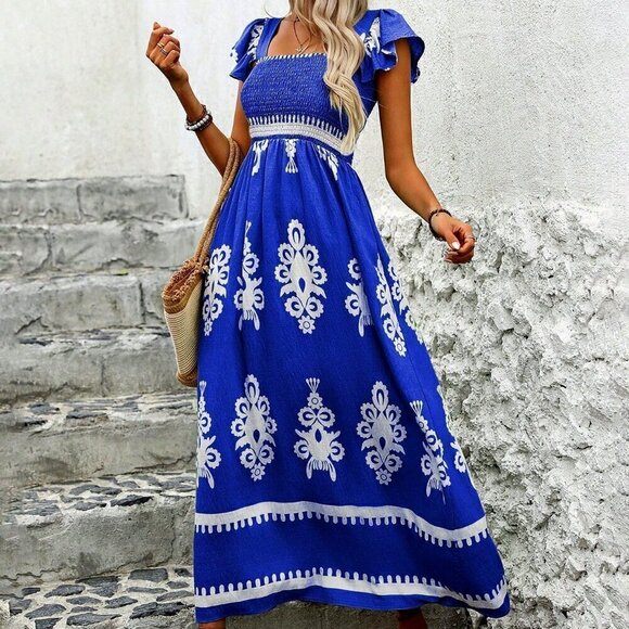 Royal Blue Boho Women's Vintage Style Printed Square Neckline Dress - Picture 1 of 6